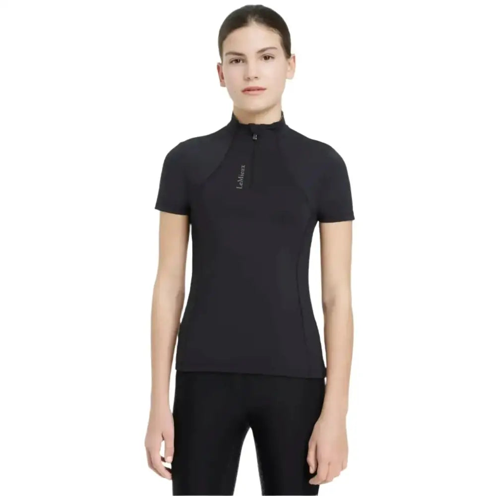 Black short sleeve athletic top with high collar and subtle logo lemieux young rider classic short sleeve base layer black
