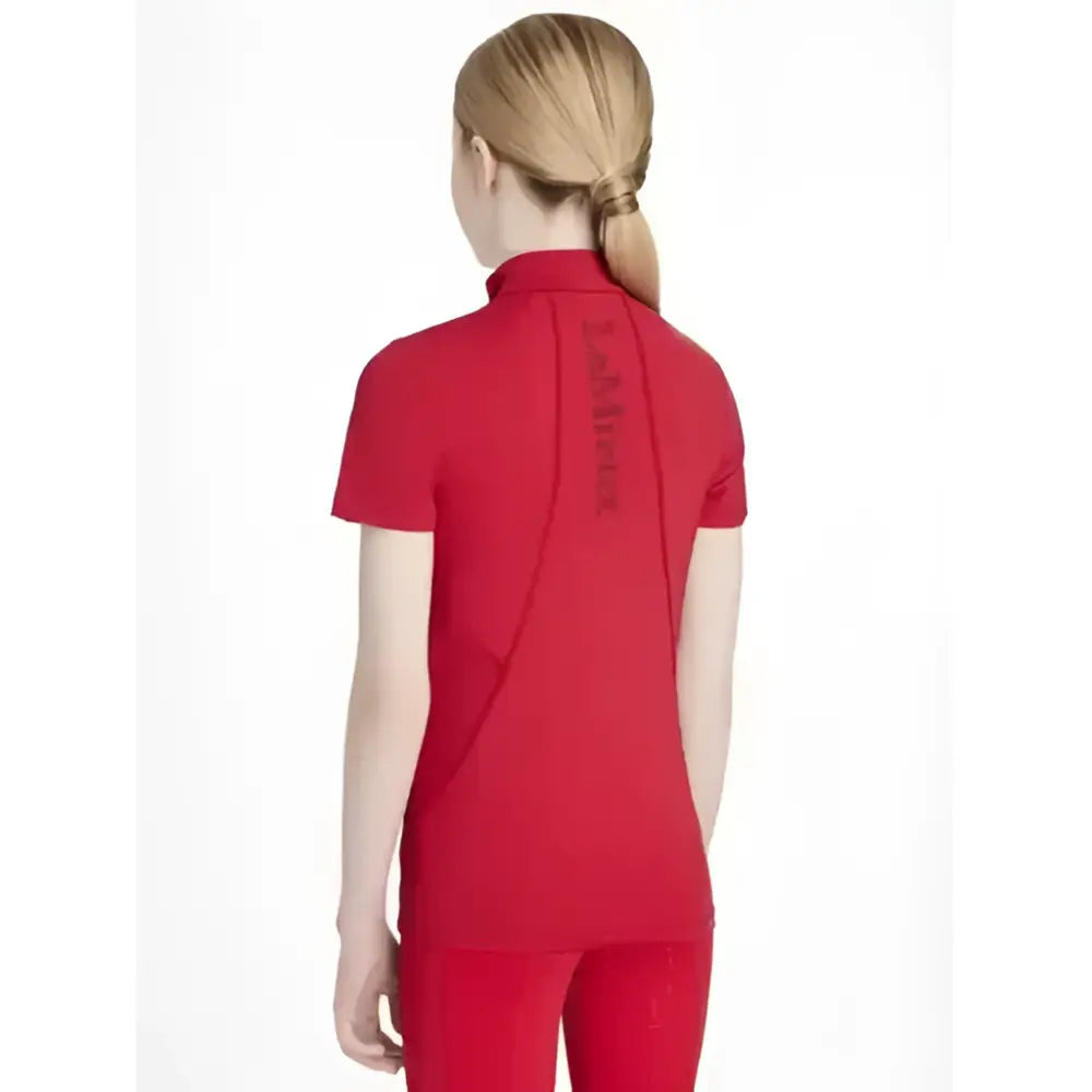 Back view of lemieux young rider classique red athletic short sleeve base layer with high collar and subtle branding