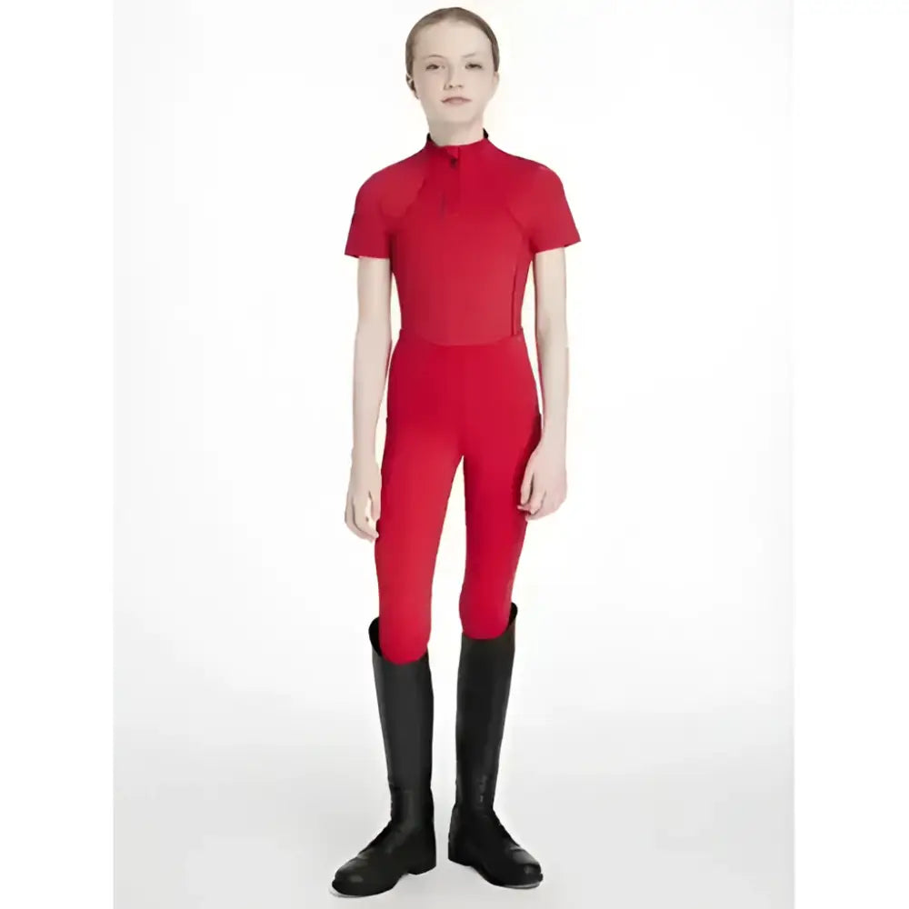 Red lemieux young rider classique high neck short sleeve bodysuit with matching leggings in chilli color