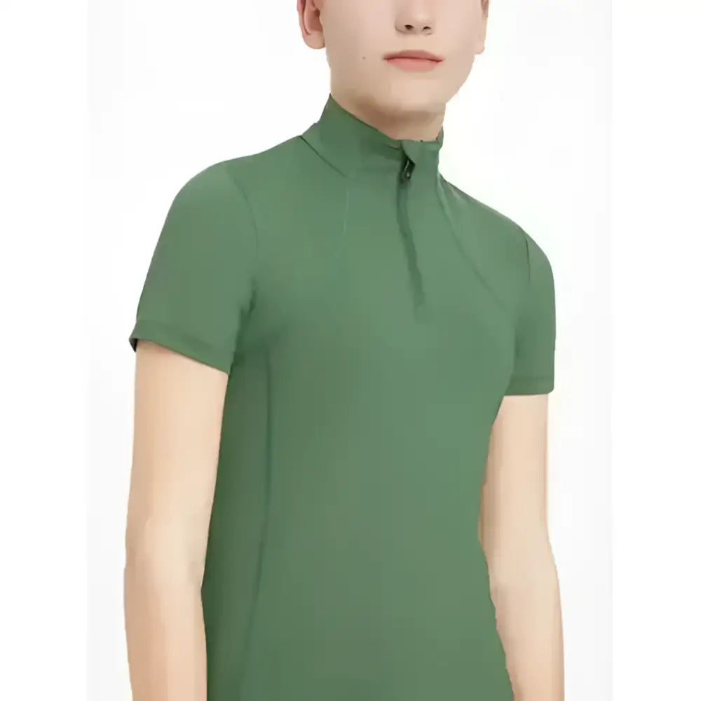 LeMieux young rider hunter green layer with classic short sleeve and high collar zipper on sleek olive green polo shirt