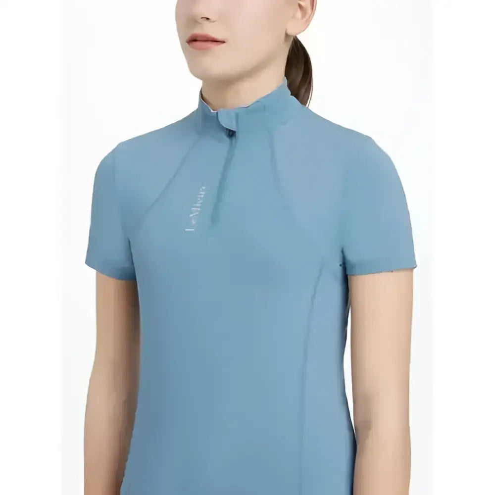 Lemieux young rider ice layer blue classic short sleeve riding shirt with high collar and zipper detail