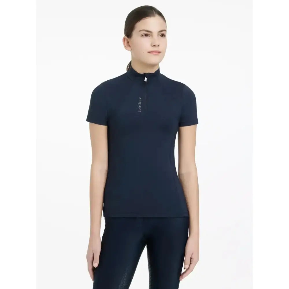 Navy lemieux young rider classic short sleeve base layer polo with half zip collar and subtle logo on left chest