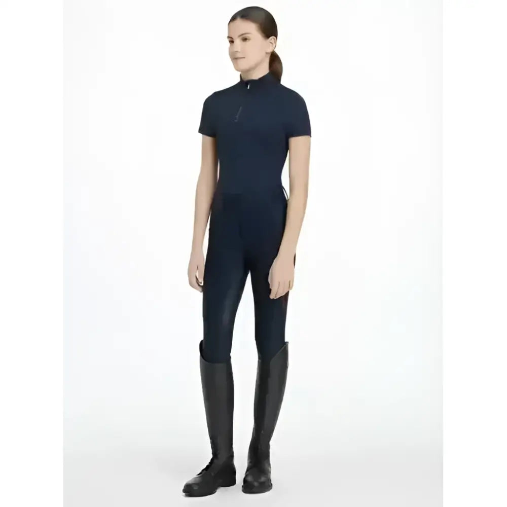 Black short-sleeved lemieux young rider classic short sleeve navy base layer with high collar and zipper detail