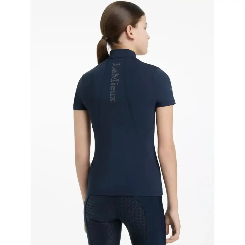 Navy base layer short sleeve polo with lemieux young rider logo on back classic short sleeve for riding