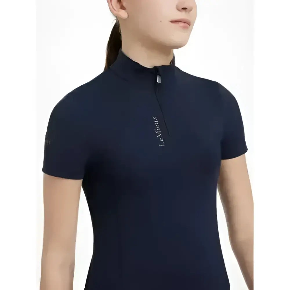 Navy lemieux young rider classic short sleeve base layer with high collar and zipper detail for riding comfort
