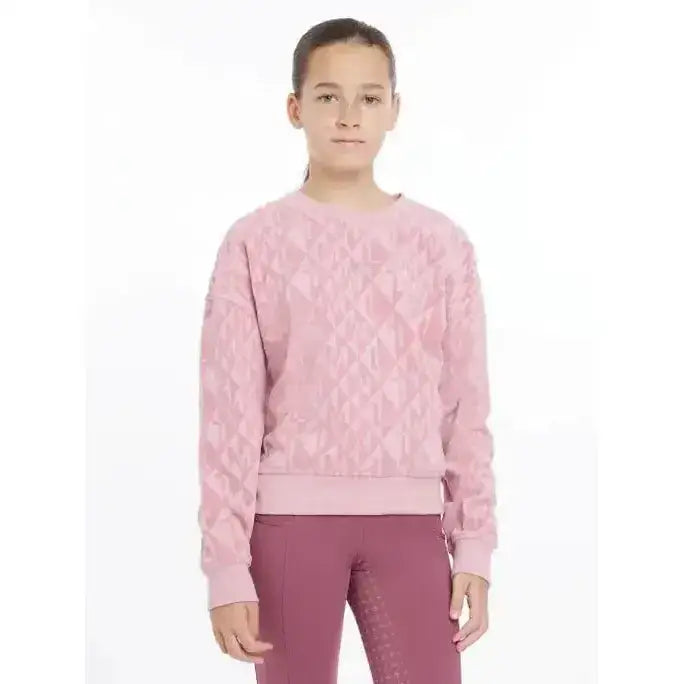 Pink textured knit lemieux young rider clea crew sweat sweater with subtle geometric pattern for young rider use