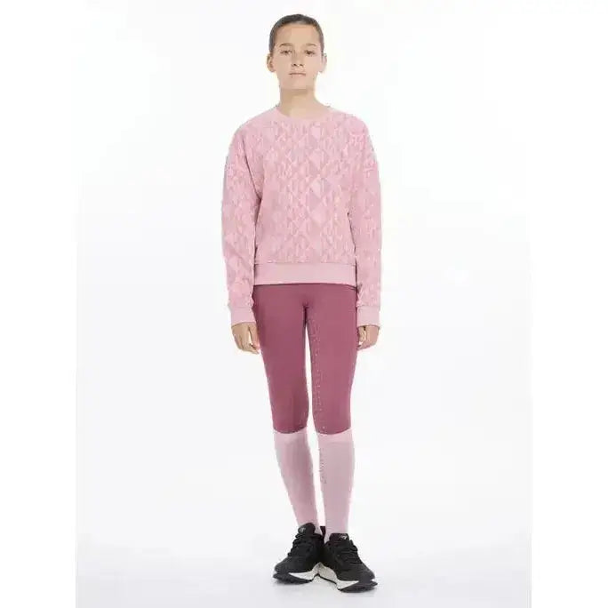 Pink textured knit lemieux young rider clea crew sweat with subtle shimmering pattern perfect for young riders
