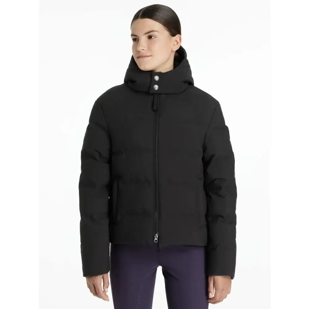Lemieux young rider daisy waterproof coat black with hood and silver-toned buttons in a warm puffer style