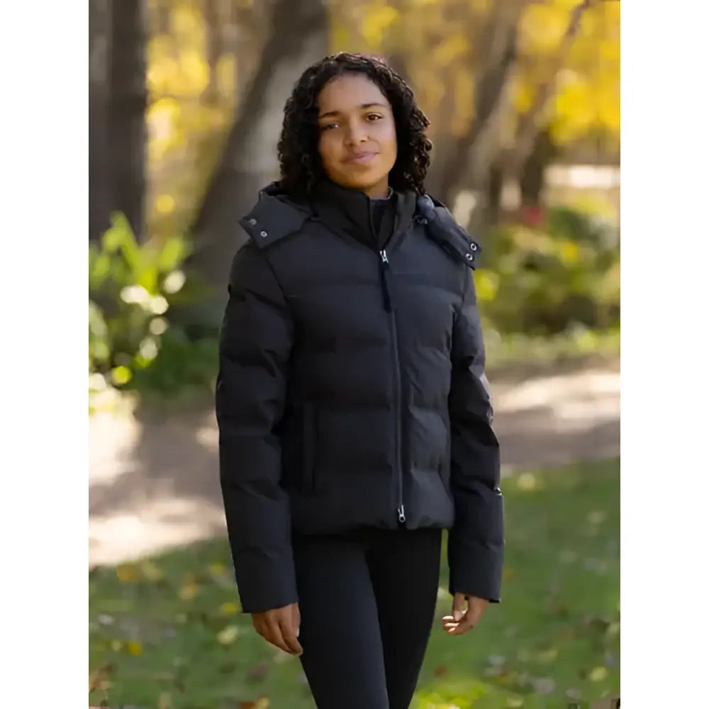 Lemieux young rider daisy waterproof coat black with quilted design and hood is a stylish waterproof coat black