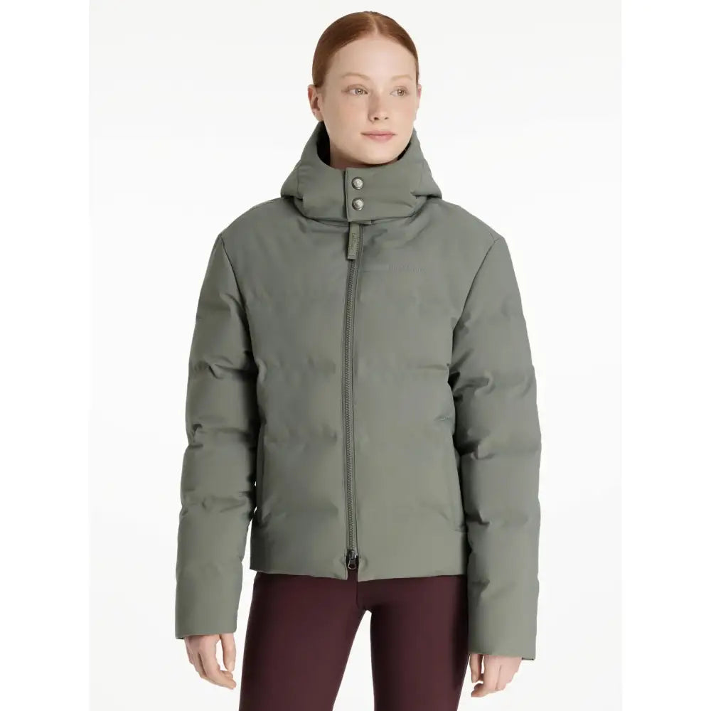 Olive green lemieux young rider daisy waterproof coat with high collar front zipper rosemary waterproof coat