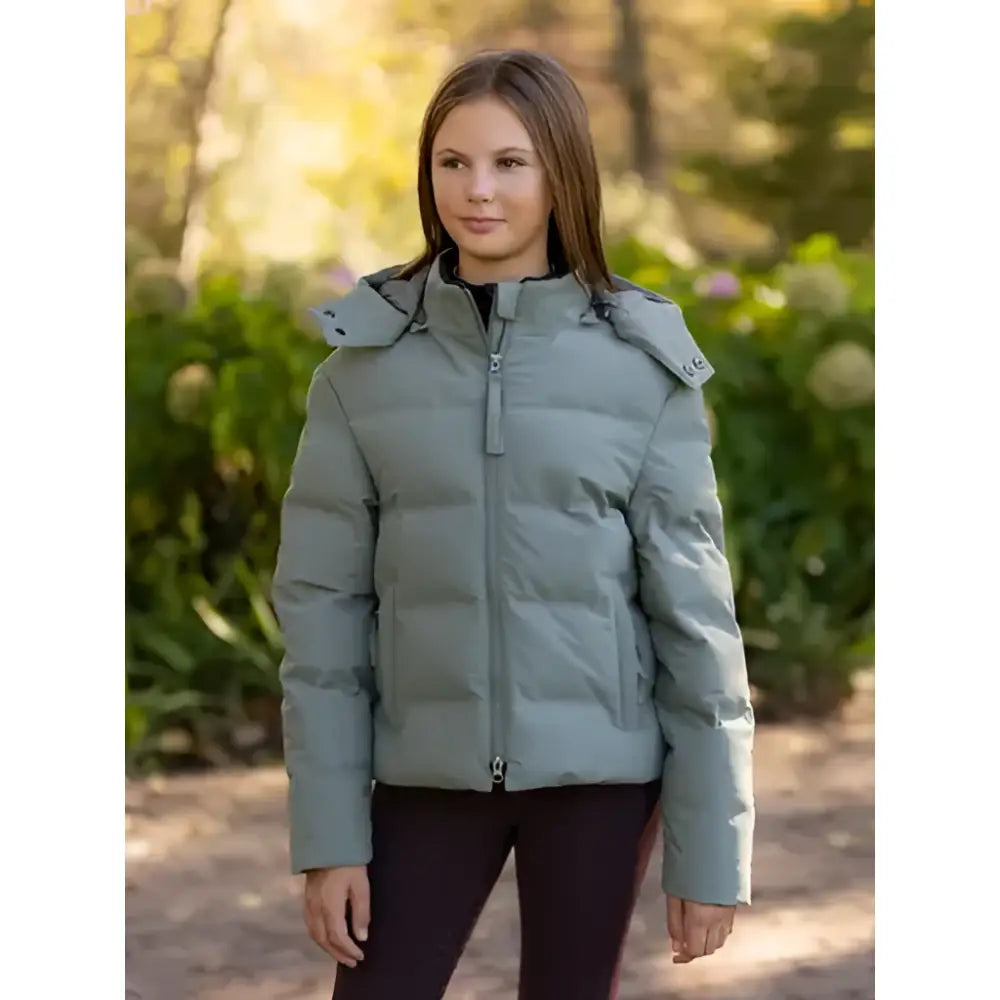 A light gray quilted puffer jacket with hood and zipper from lemieux young rider daisy waterproof coat rosemary