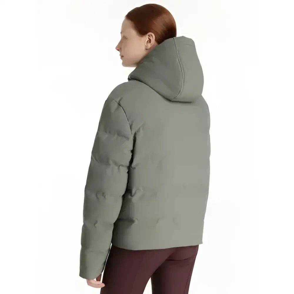 Olive green lemieux young rider daisy waterproof coat with quilted puffer design and attached hood rosemary style