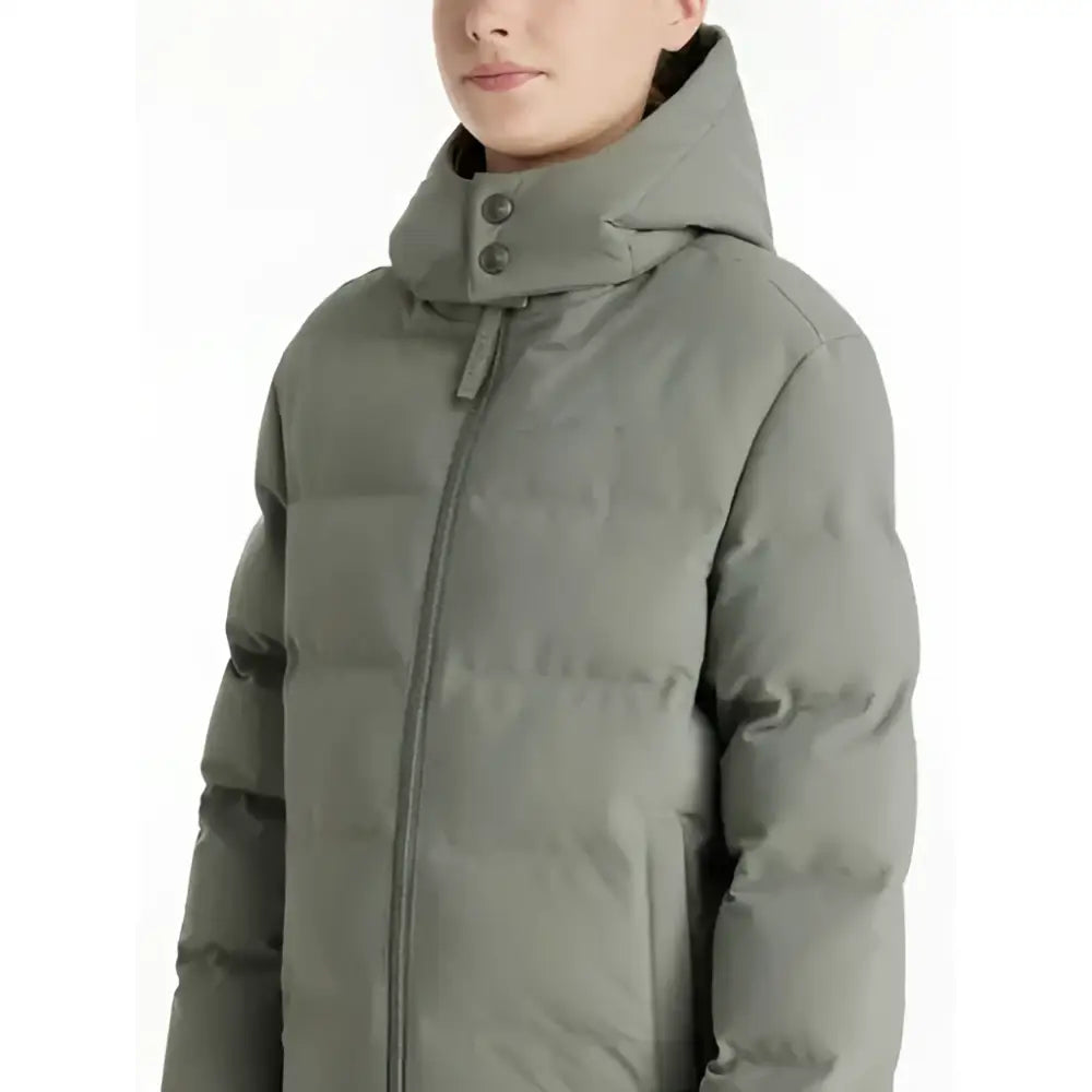 Olive green quilted hooded puffer jacket with black zipper and buttons from lemieux young rider daisy rosemary coat