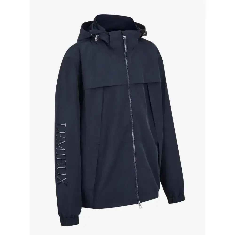 Black tempeux hooded jacket with full zipper and subtle sleeve branding for lemieux young rider wet weather use