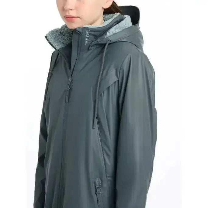 Dark gray lemieux young rider elements coat petrol with waterproof hood and light gray fleece-lined collar