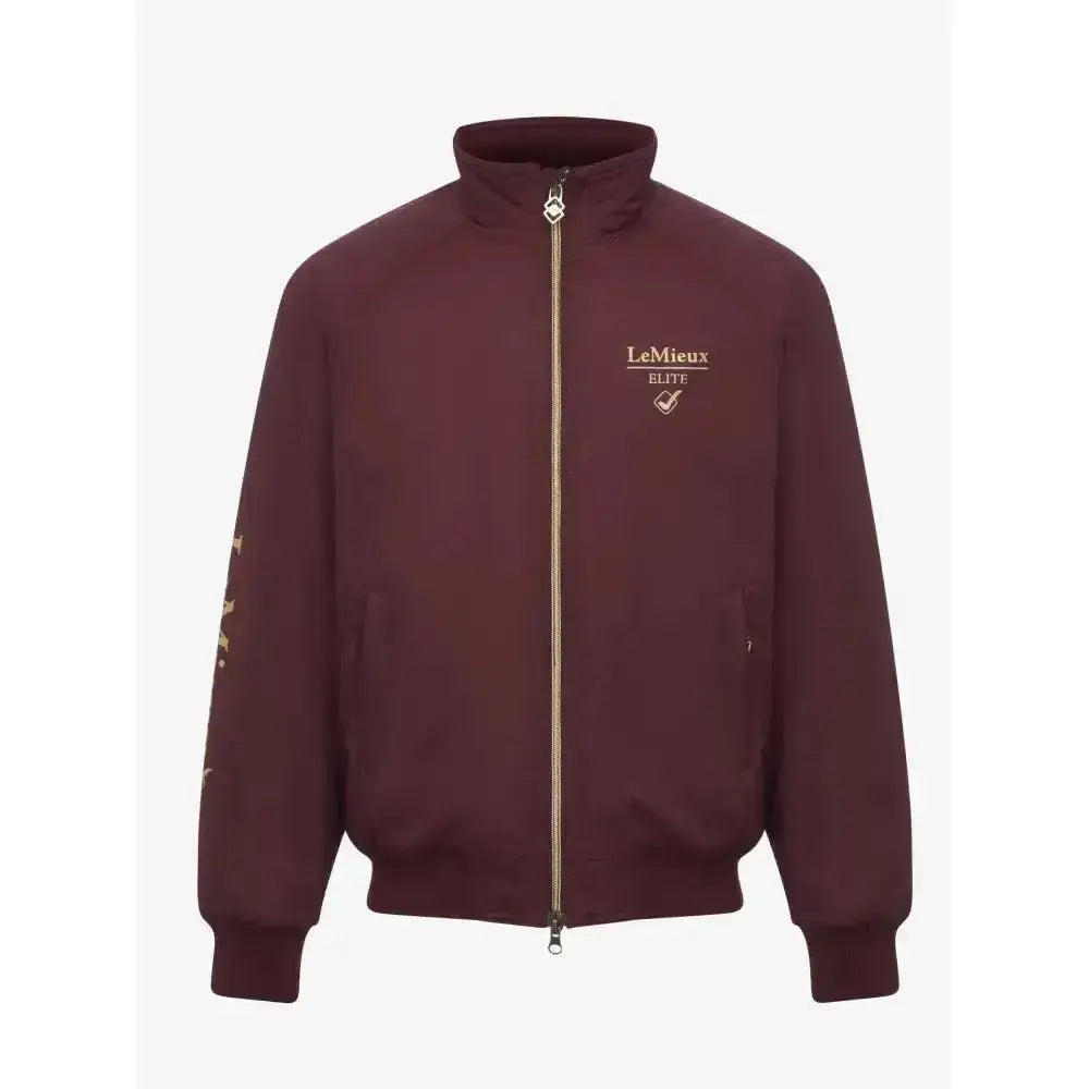 Maroon lemieux young rider elite zip-up jacket with gold zipper and embroidered logo for rider elite team use