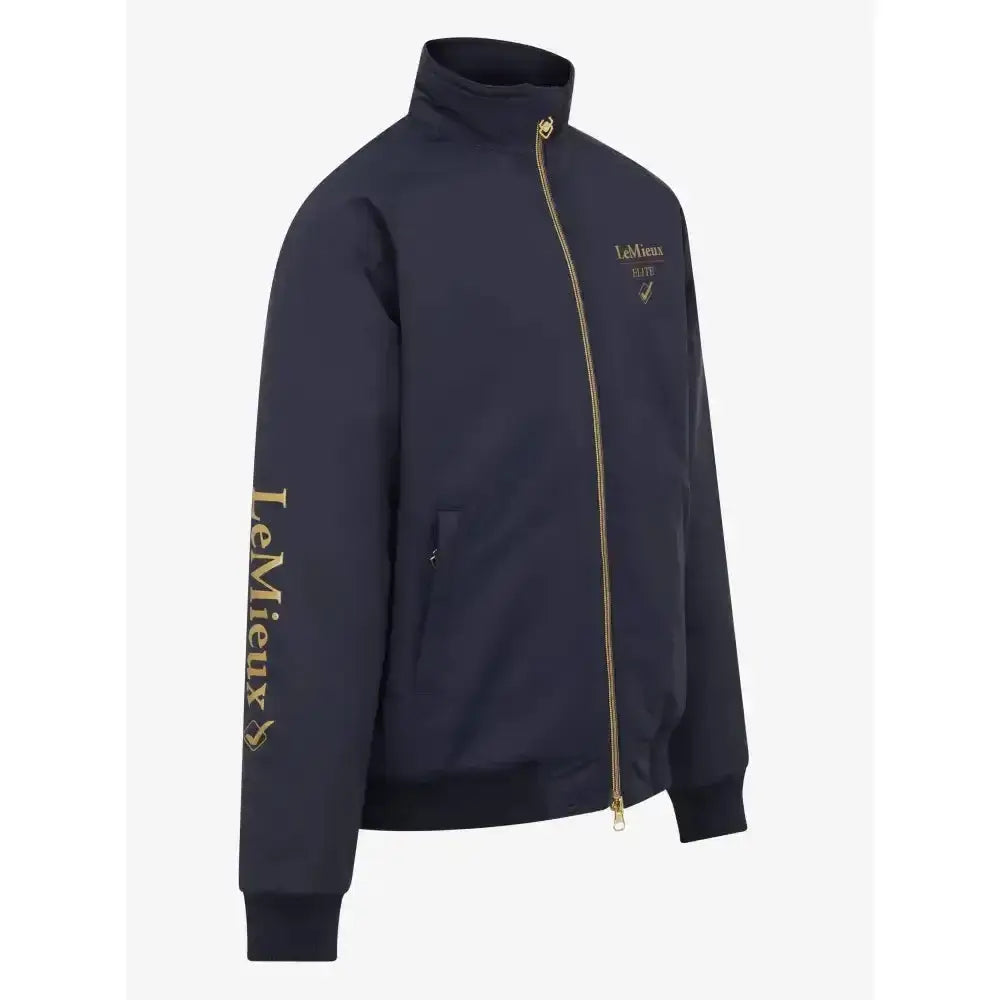 Dark navy blue lemieux young rider elite team jacket with gold zipper and matching embroidered branding