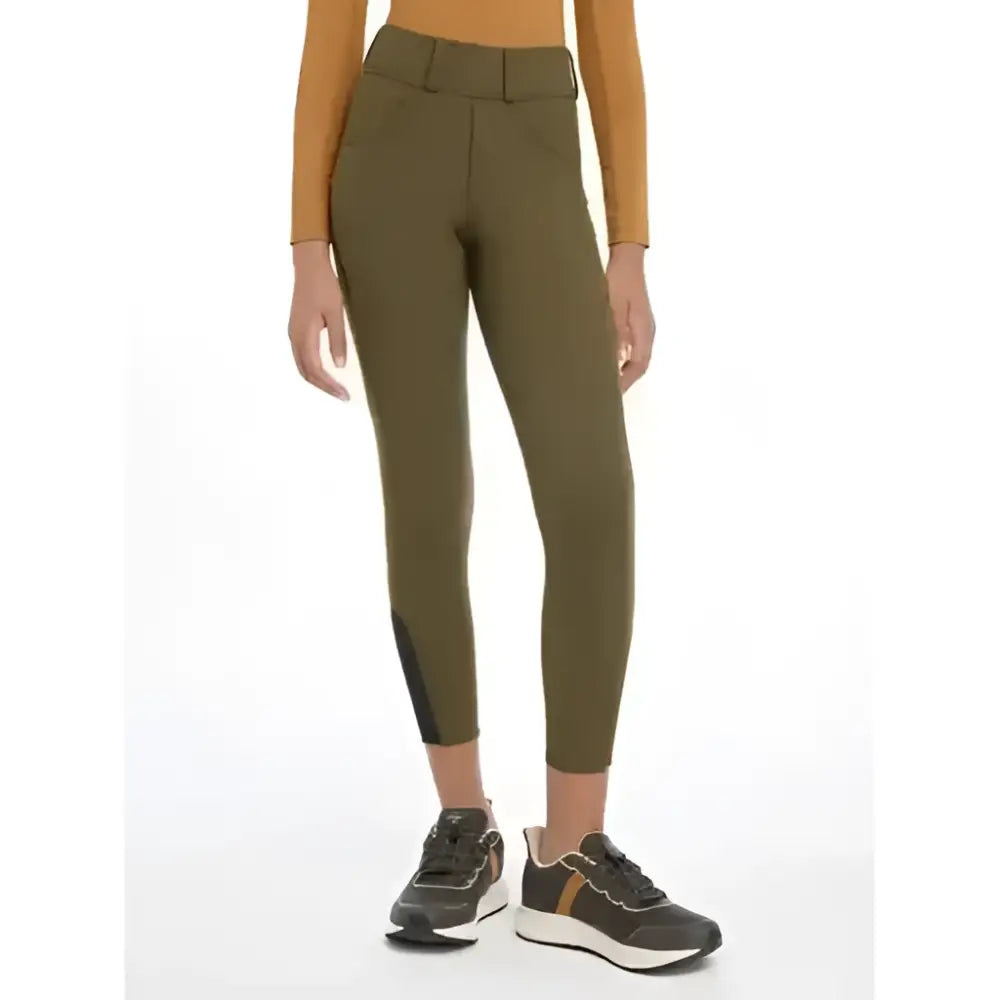 Olive green lemieux young rider ella winter breggings with black side panels high waisted fitted riding pants