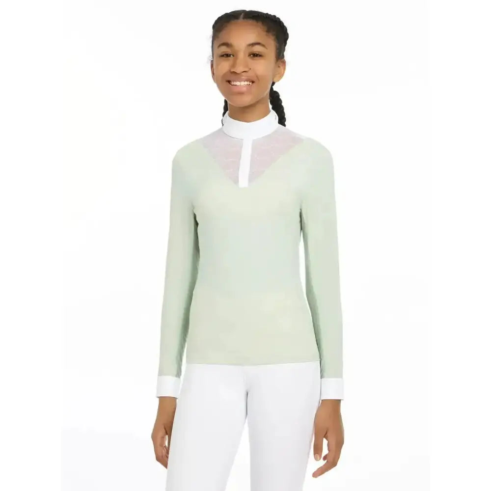 Mint green lemieux young rider eva long sleeve shirt pistachio with white collar cuffs and zipper detail for showing