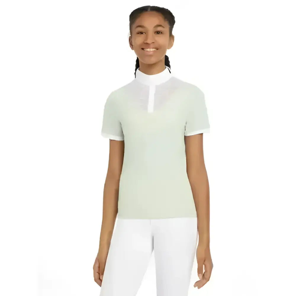Light green short sleeve lemieux young rider eva short sleeve shirt pistachio with white collar and trim for riding