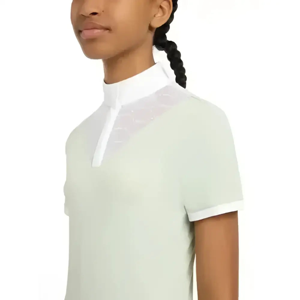 Pale mint green lemieux young rider eva short sleeve shirt pistachio with white collar and lace chest detail