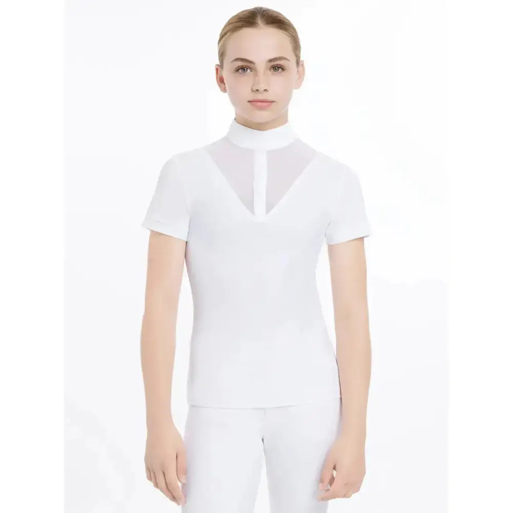 White lemieux young rider eva short sleeve equestrian shirt with high collar and sheer mesh front panel