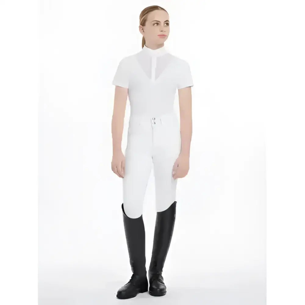White lemieux young rider eva short sleeve show shirt with fitted pants ideal for riding competitions