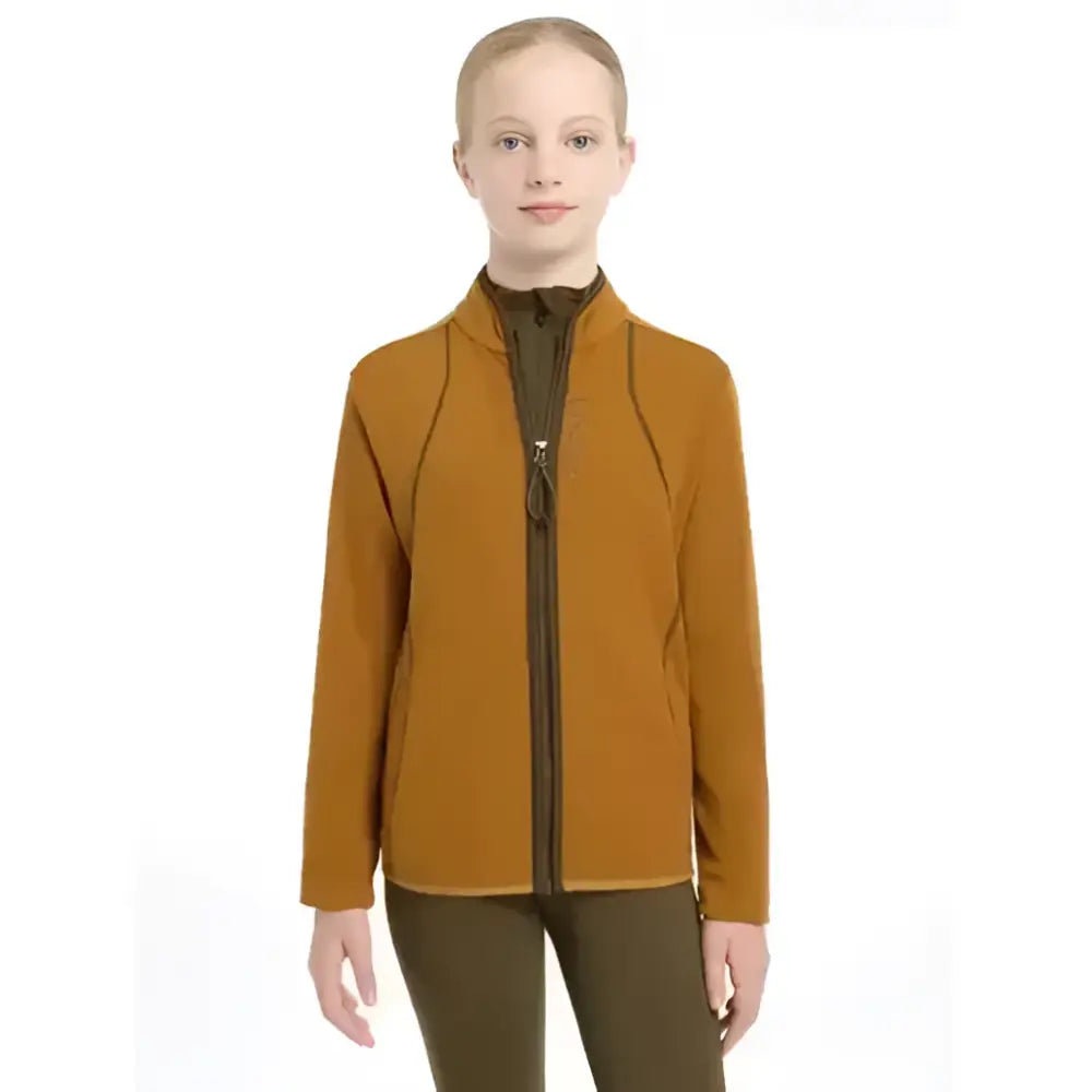 A warm amber lemieux young rider felicity fleece zip jacket with dark brown zipper and trim perfect for riding