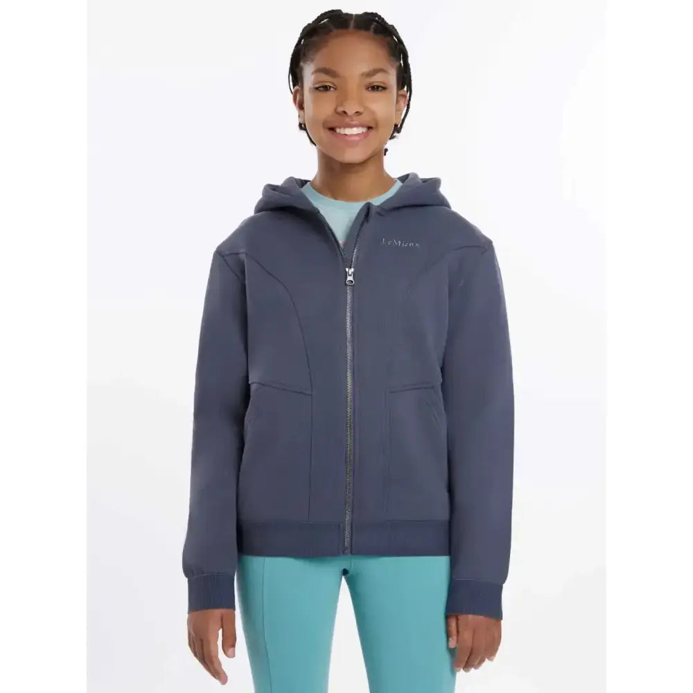 Navy blue lemieux young rider hadley hoodie dusk blue with subtle chest logo and two front pockets for riders