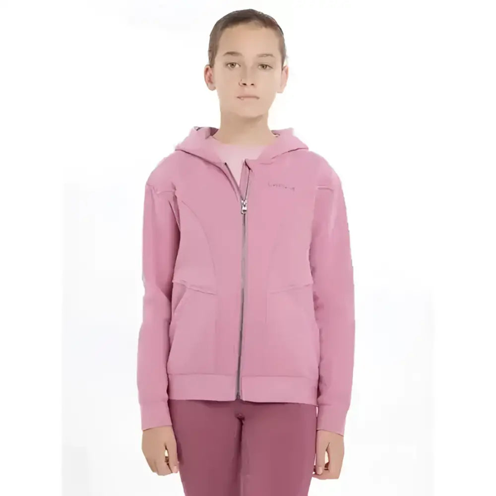 Pink lemieux young rider hadley hoodie peony with subtle chest logo and two front pockets perfect for young riders