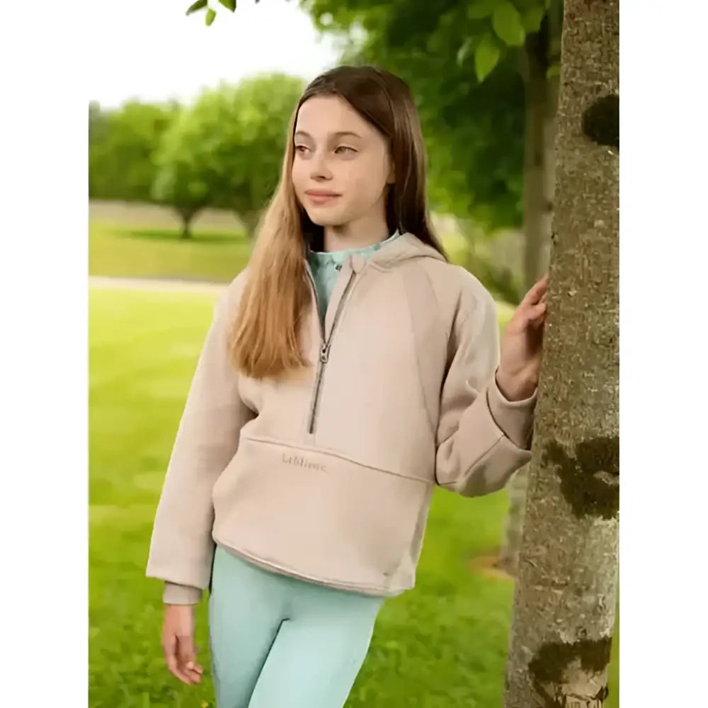 Beige lemieux young rider harriet pop zip-up hoodie with subtle front logo for casual riding and everyday wear