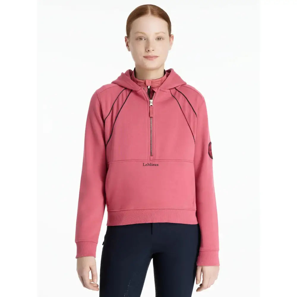 A lemieux young rider hettie half zip cranberry zip hoodie with black contrast stitching and front pocket