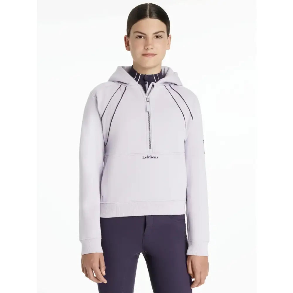 Light gray lemieux young rider hettie half zip hoodie lilac with black contrast stitching and zip front