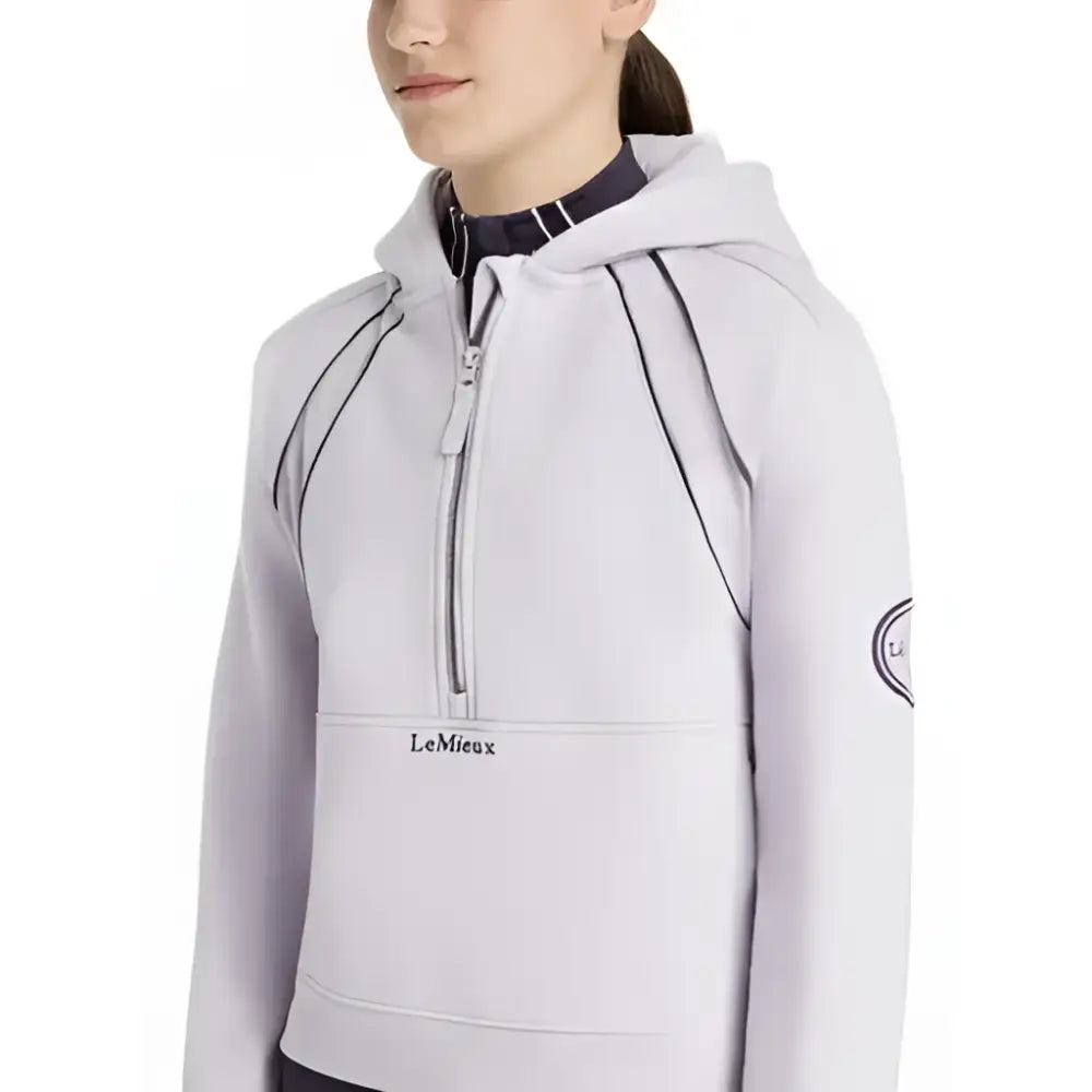 Light gray lemieux young rider hettie half zip hoodie lilac with black zipper and seam accents zip hoodie lilac