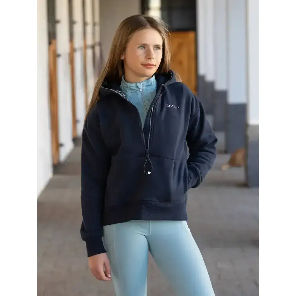Navy blue lemieux young rider hettie half zip hoodie with drawstring hood and subtle chest logo embroidery