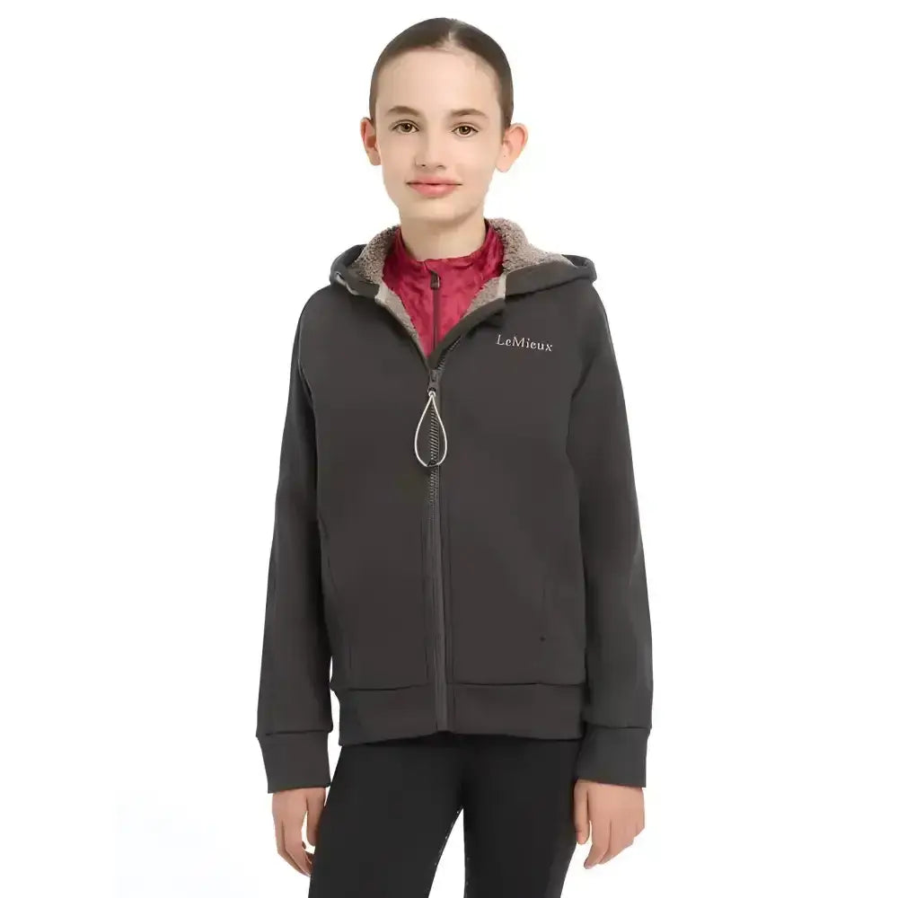 Dark gray lemieux young rider hollie lined hoodie with plush light brown hood lining and zip-up front