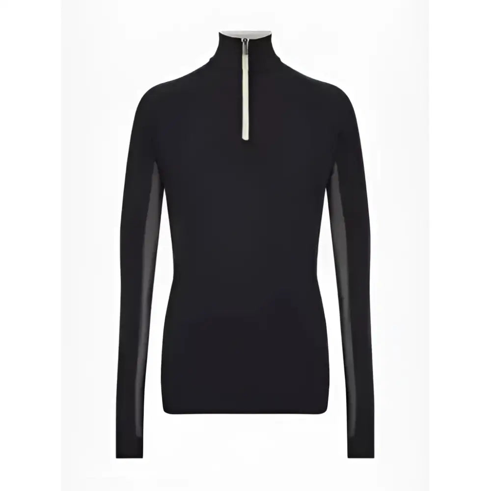 Black long-sleeved lemieux young rider hope top with high collar silver zipper and sheer mesh panels on sides