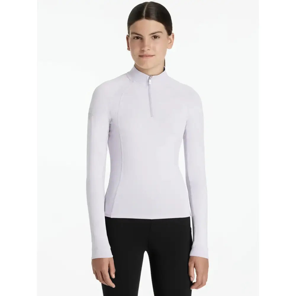 White long-sleeved lemieux young rider hope lightweight base layer with quarter-zip collar in lilac