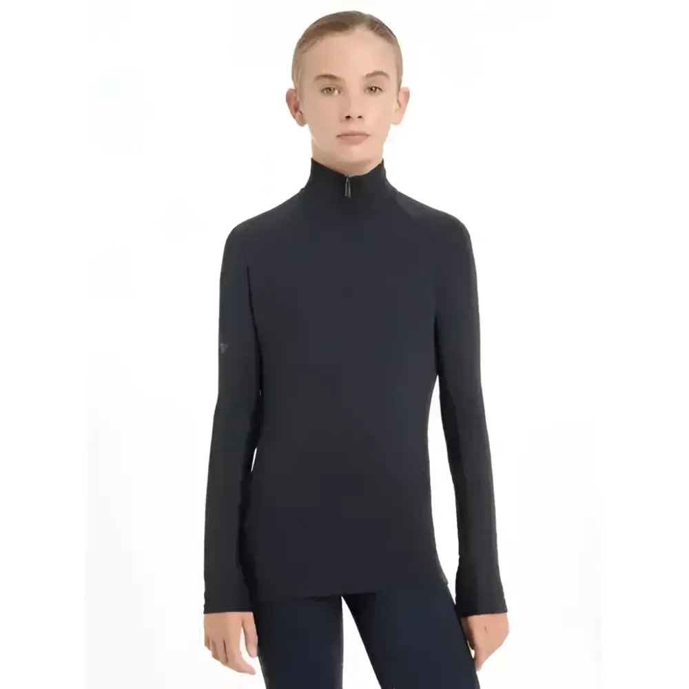 Black long-sleeved high-neck lightweight base layer with subtle collar zipper from lemieux young rider hope collection