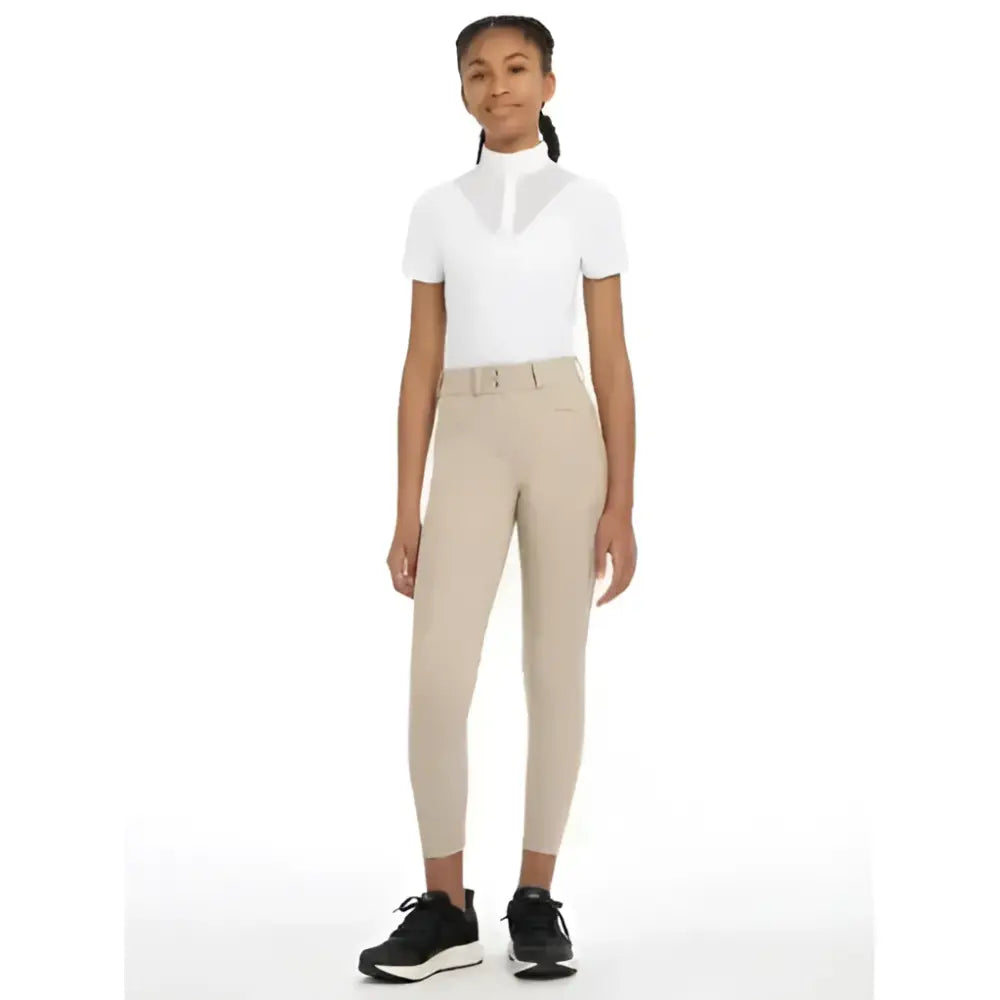 Beige lemieux young rider izzy full seat breeches almond with fitted high waist and subtle side seam detailing