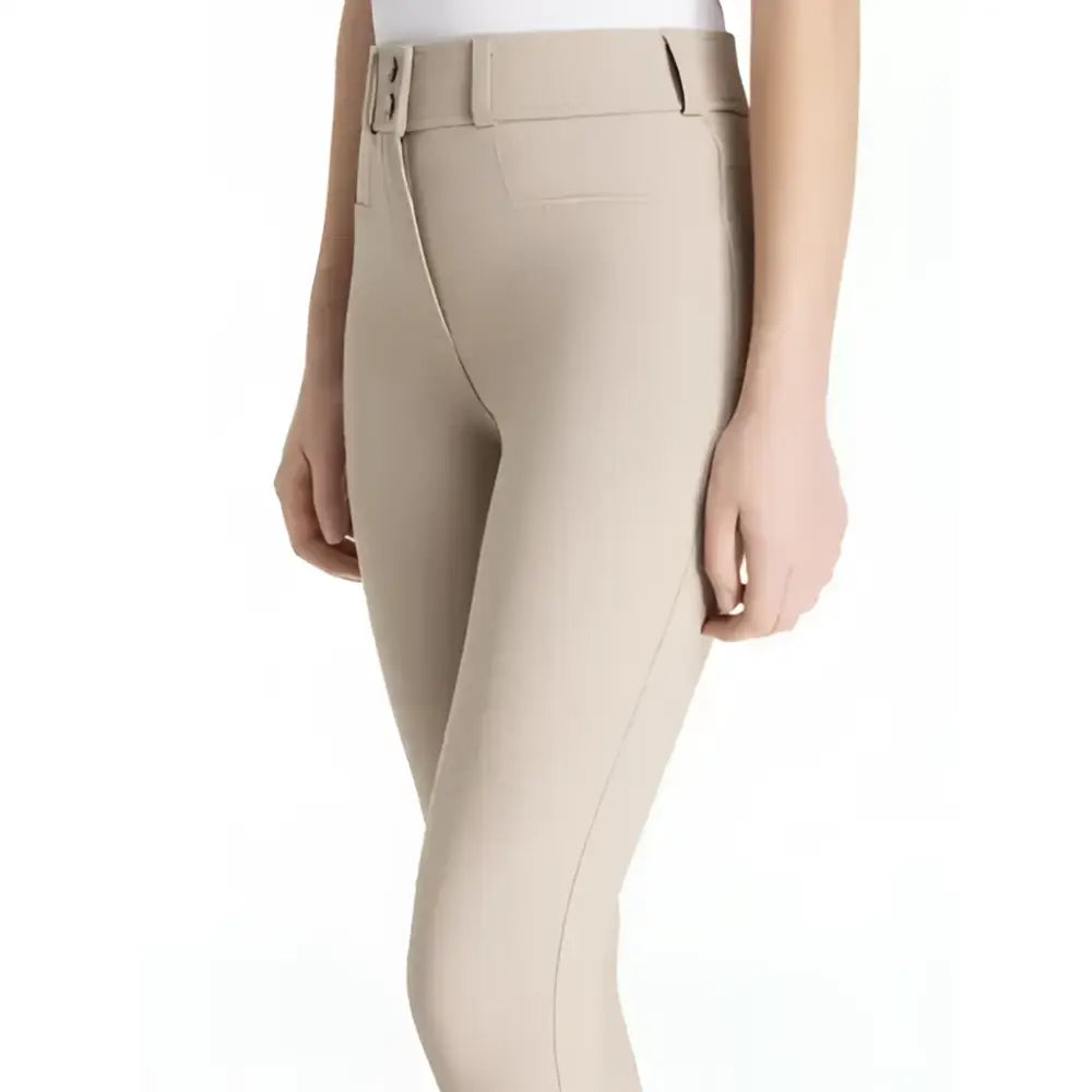 Beige lemieux young rider izzy knee grip breeches almond with matching belt and rectangular buckle for riding