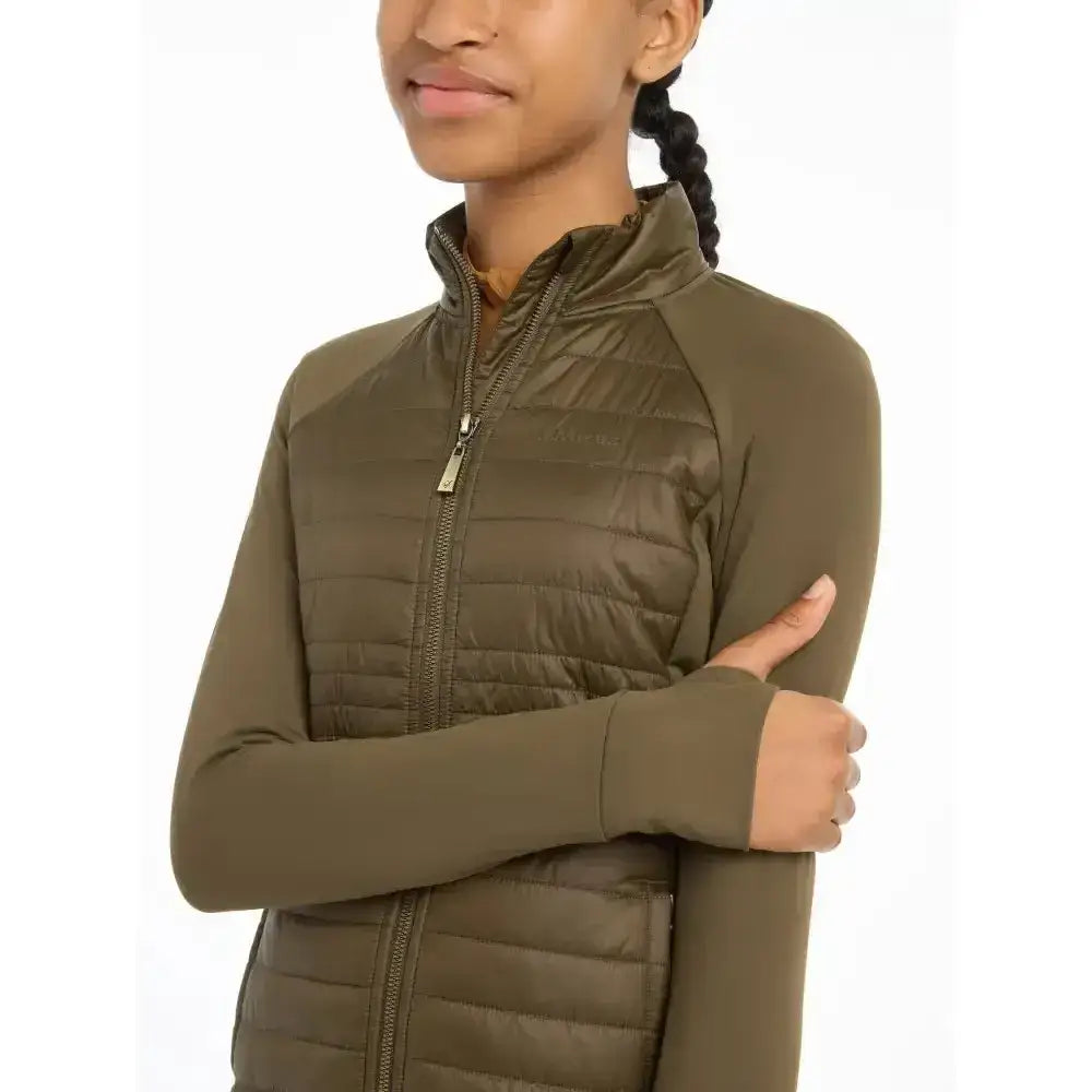 Olive green quilted lemieux young rider josephine jacket alpine with long sleeves and high collar perfect for riders