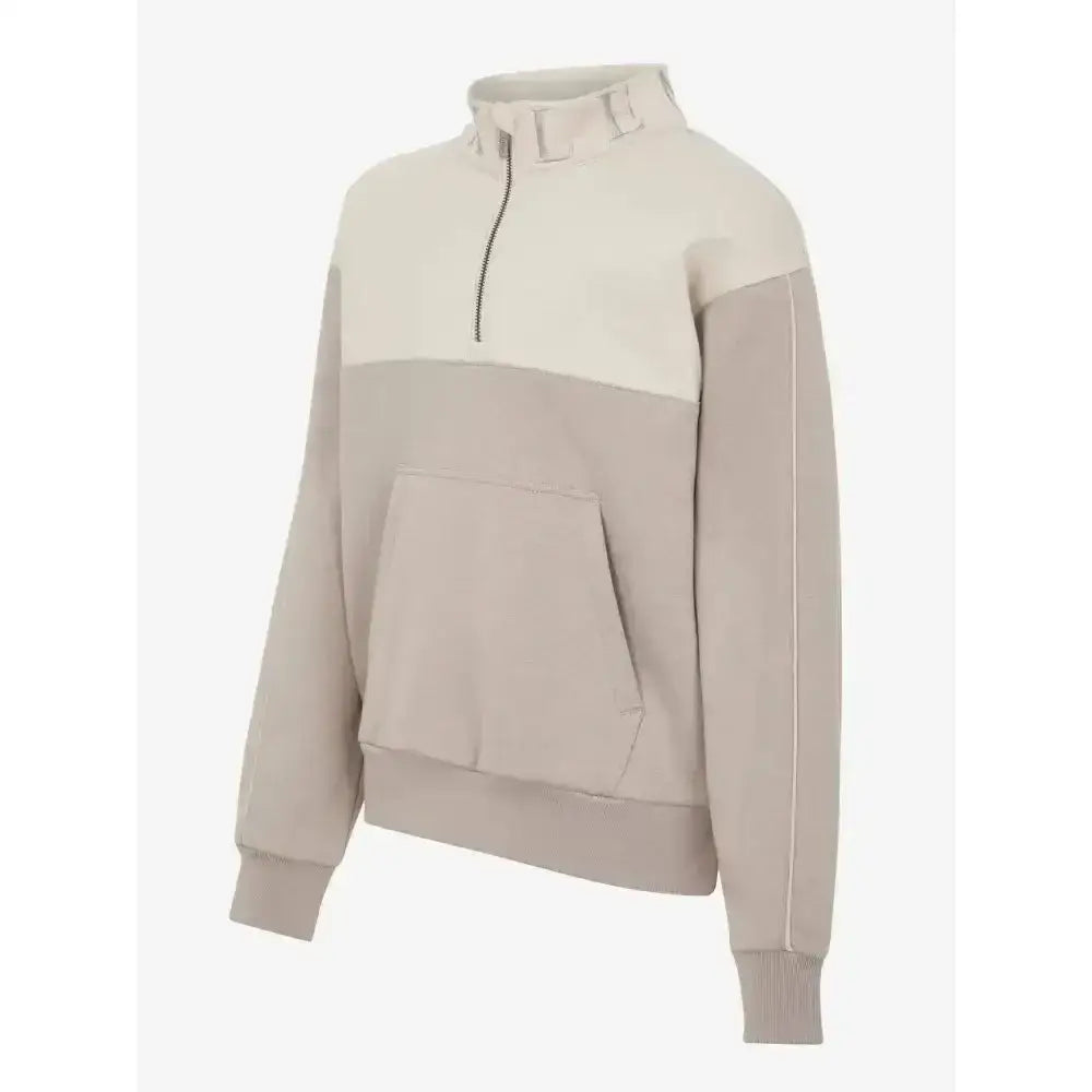 Beige and cream color block lemieux young rider kate quarter zip fleece sweatshirt with ribbed cuffs and collar