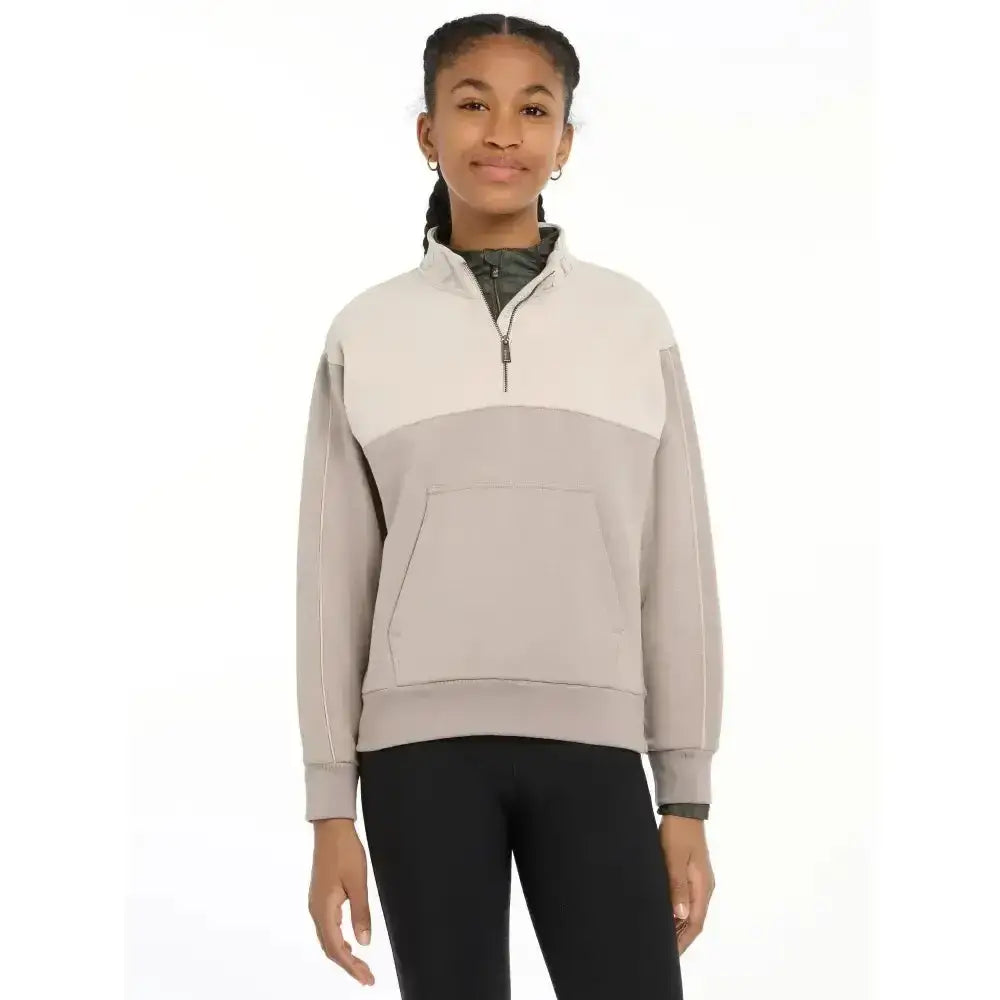 Lemieux young rider kate quarter zip sweatshirt in cream and muted gray with a front pocket and soft fabric