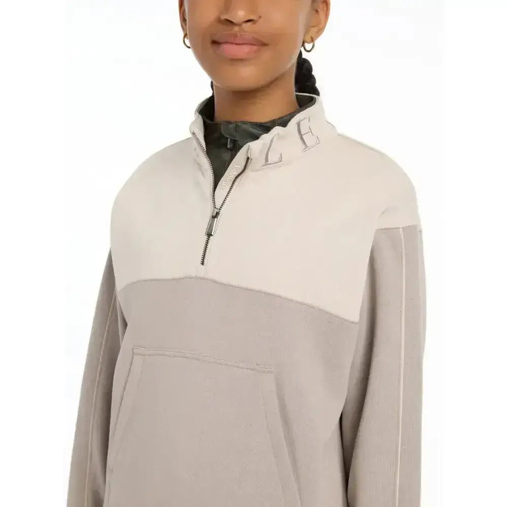 Lemieux young rider kate quarter zip fleece pullover in ash stone with cream upper and half zip front detail