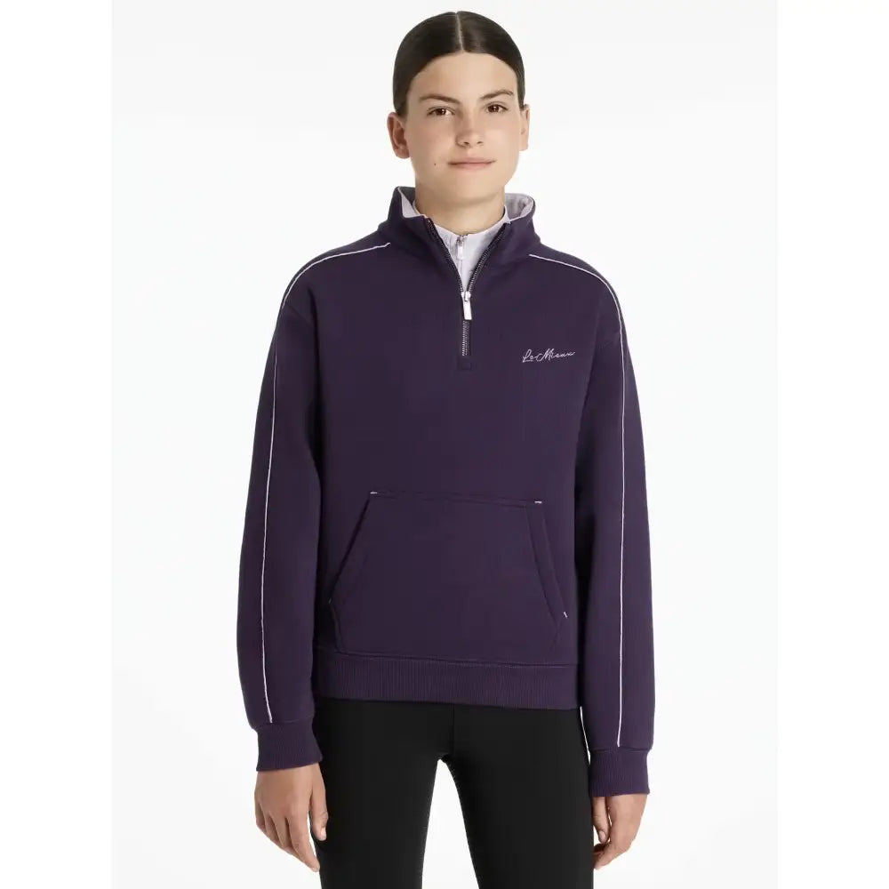 Purple lemieux young rider kate quarter zip fleece jacket in juniper lilac with white piping on sleeves and zipper line