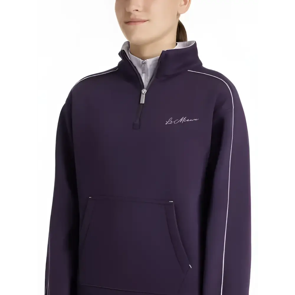 Navy blue lemieux young rider kate quarter zip fleece with white piping and embroidered logo in juniper lilac color
