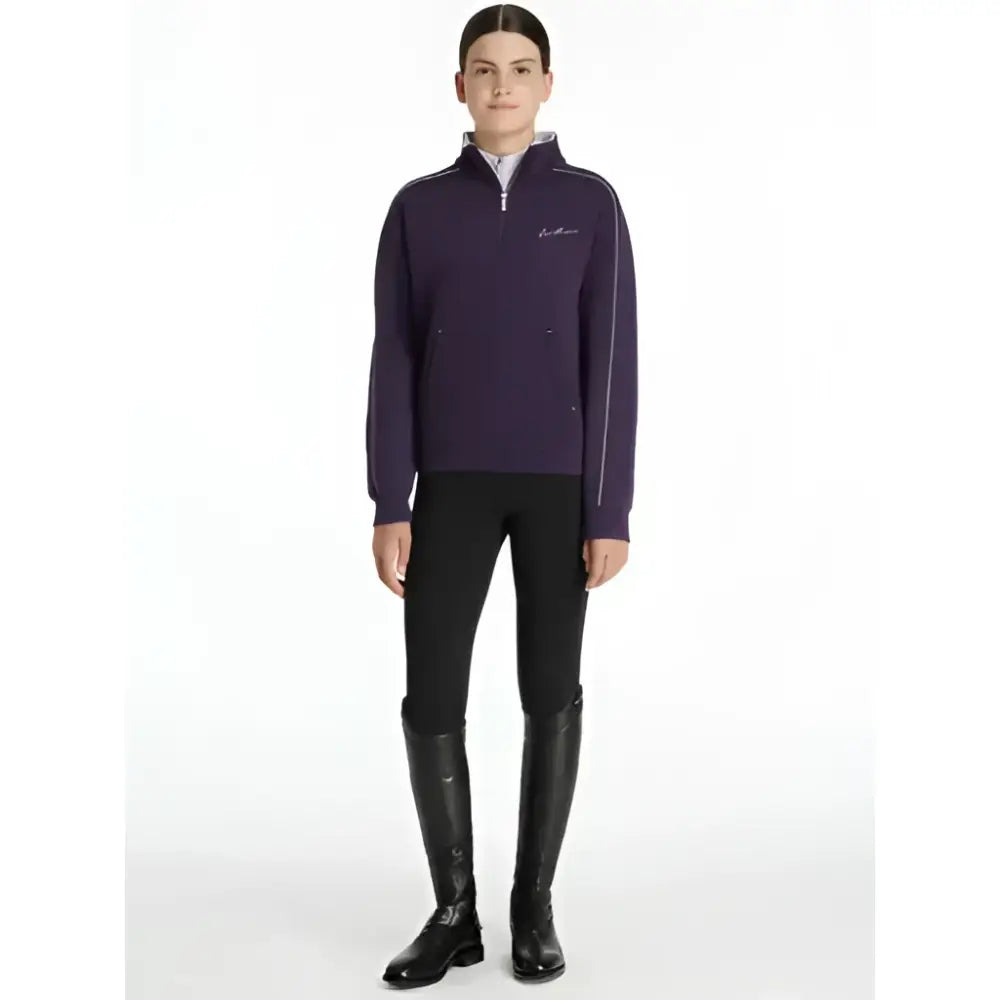 Purple lemieux young rider kate quarter zip equestrian jacket with white piping and subtle logo in juniper lilac