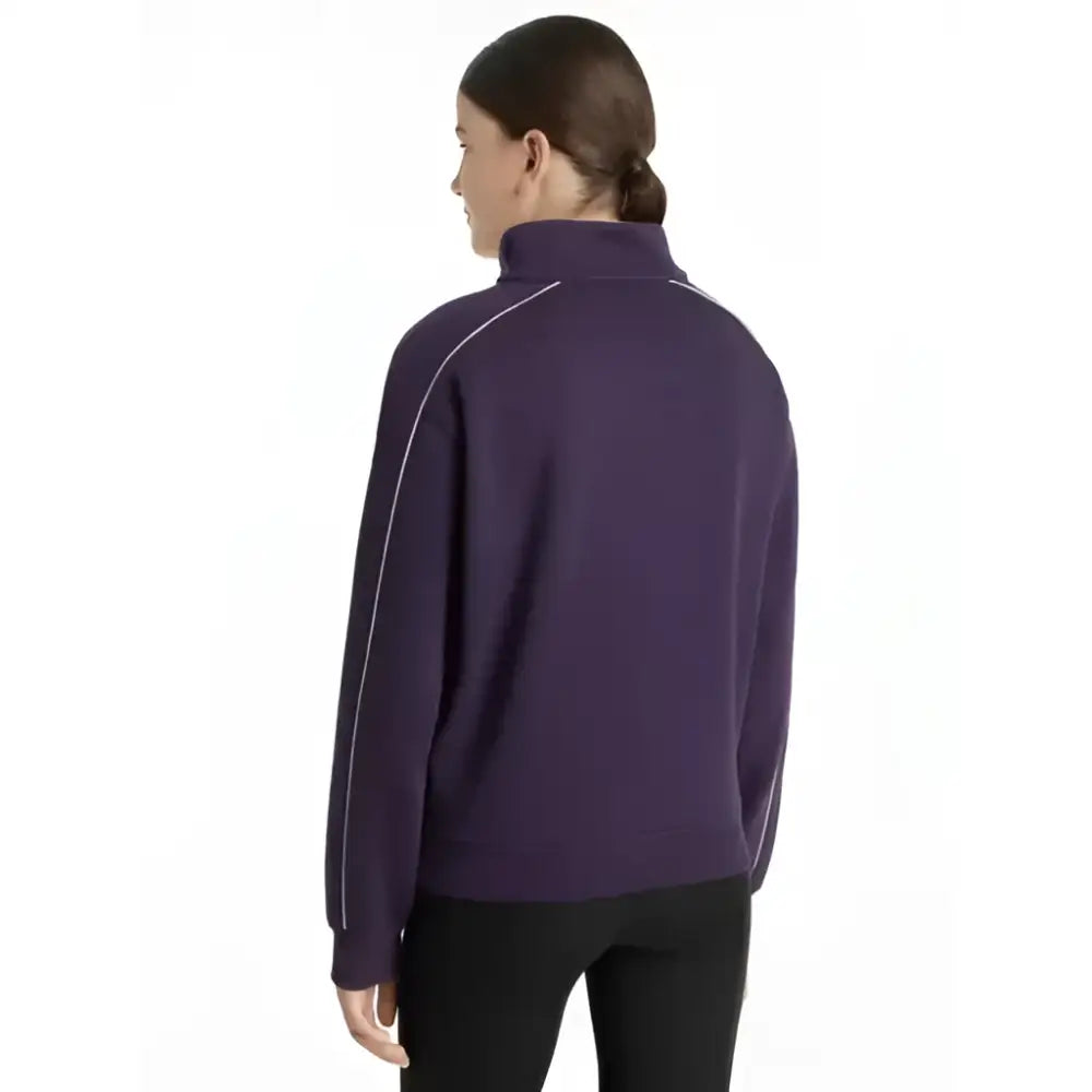 Purple lemieux young rider kate quarter zip jacket in juniper lilac with white piping on sleeves and collar