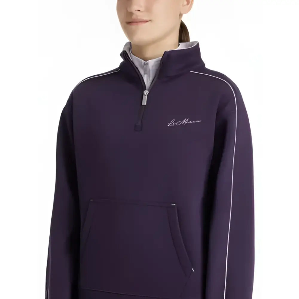 Navy blue lemieux young rider kate quarter zip fleece jacket with white piping and subtle embroidered logo juniper lilac